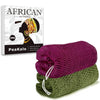 A stack of purple and green African net exfoliating loofah sponges.