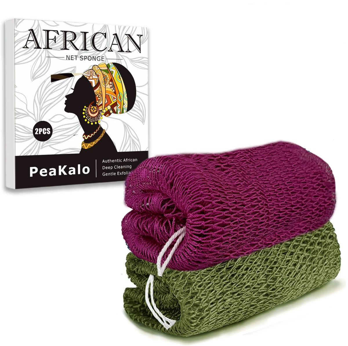 A stack of purple and green African net exfoliating loofah sponges.