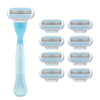 A collection of multiple multi-blade safety razors for hair removal in light blue and white.