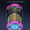 A close-up view of a pink hair care device with a textured heating element and an illuminated blue control ring.