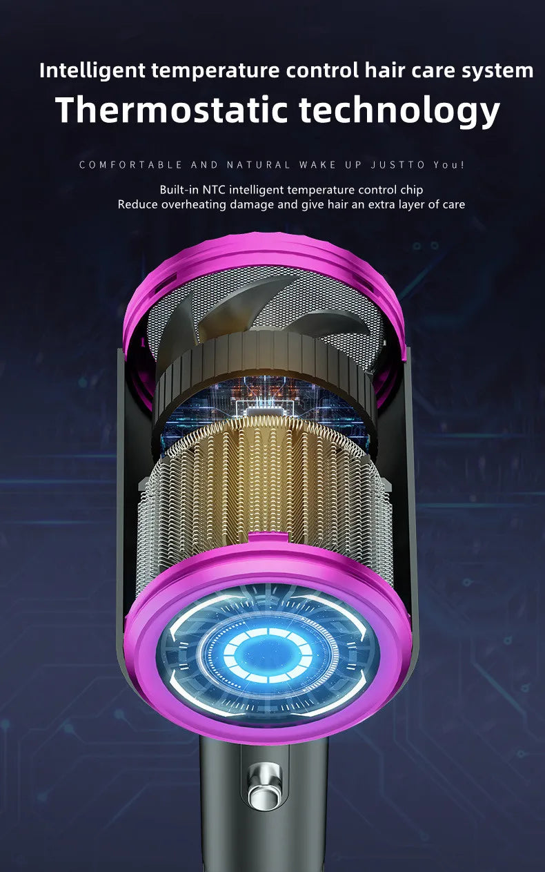 A close-up view of a pink hair care device with a textured heating element and an illuminated blue control ring.