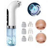 A white micro bubble pore vacuum cleaner with multiple silicone tips and a clear container for facial cleansing.