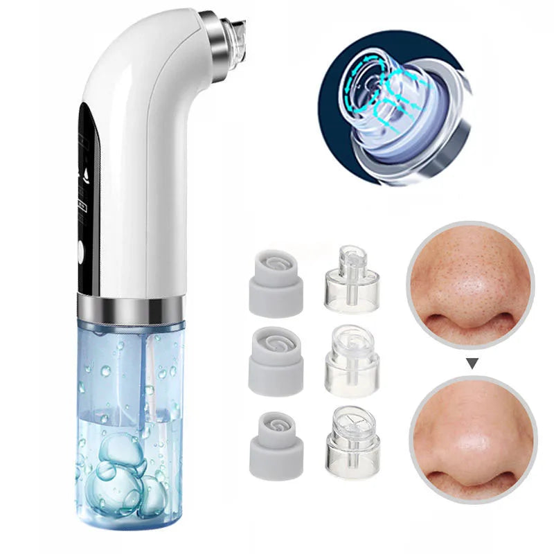 A white micro bubble pore vacuum cleaner with multiple silicone tips and a clear container for facial cleansing.