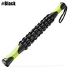 A black and lime green manual muscle roller stick with a loop for deep tissue massage.