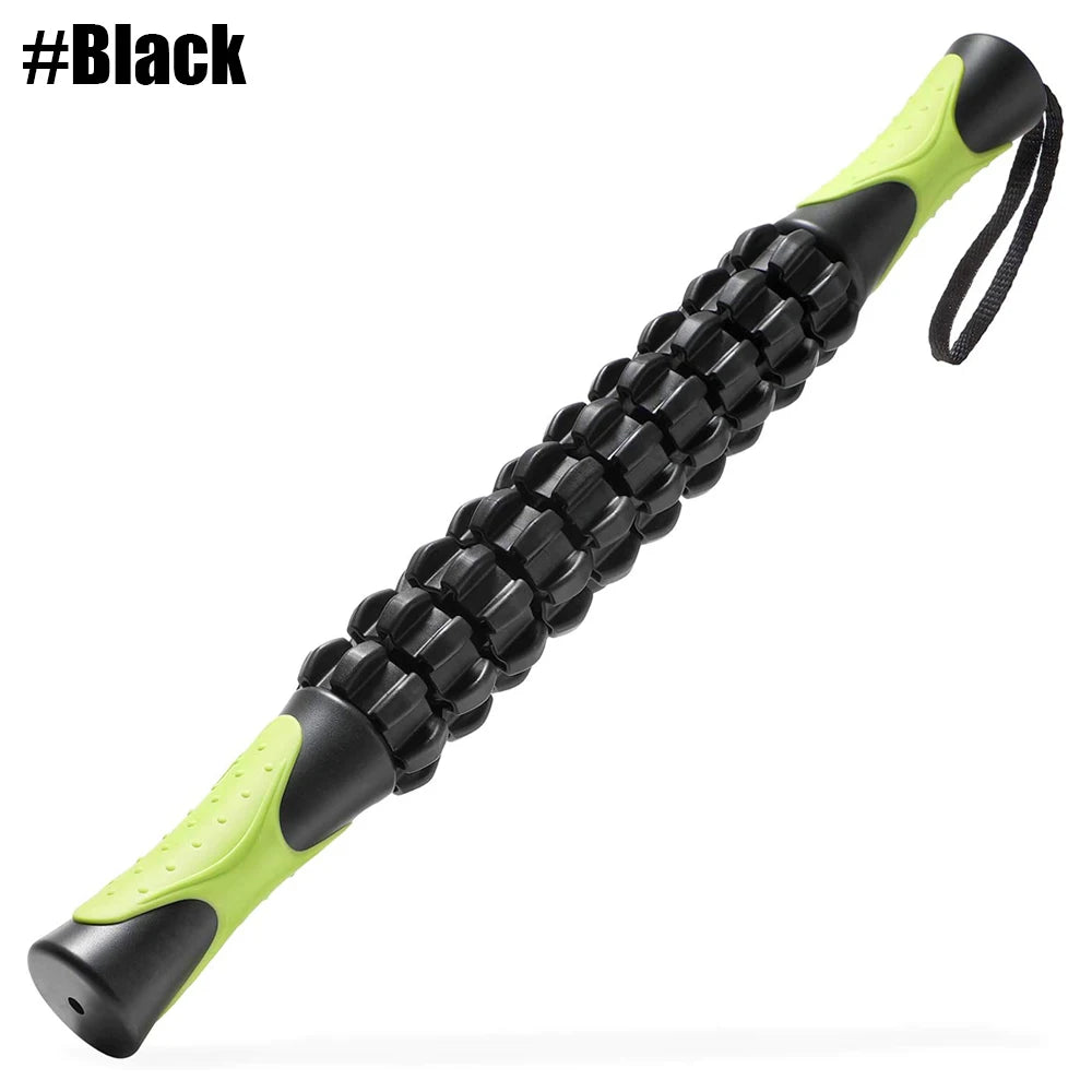 A black and lime green manual muscle roller stick with a loop for deep tissue massage.