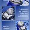 Close-up view of a silver electric shaver with a translucent blue body and a black charging cable.