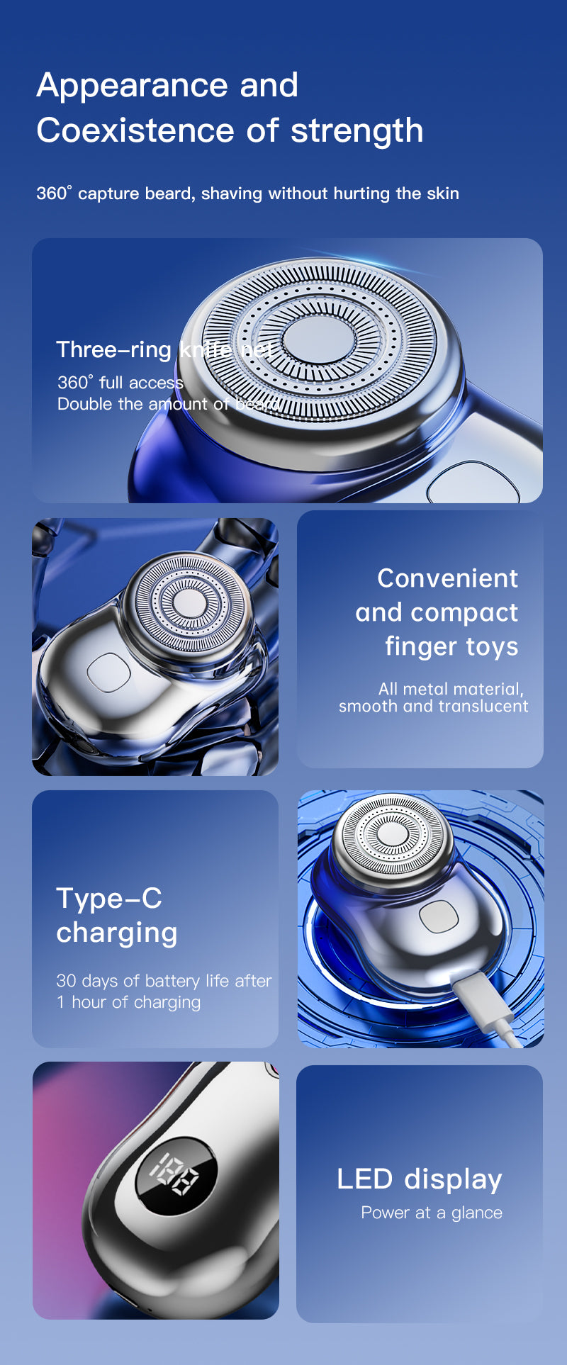 Close-up view of a silver electric shaver with a translucent blue body and a black charging cable.