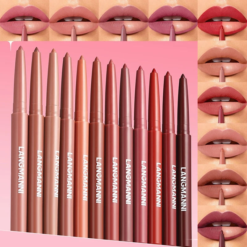 Una colección de doce lápices delineadores labiales en varios tonos rosa y nude mostrados junto a modelos aplicándolos a la