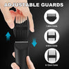 Hand adjusting adjustable guards for a precision electric body and hair trimmer showing 1.5mm, 3-6mm, and 9-12mm combs.