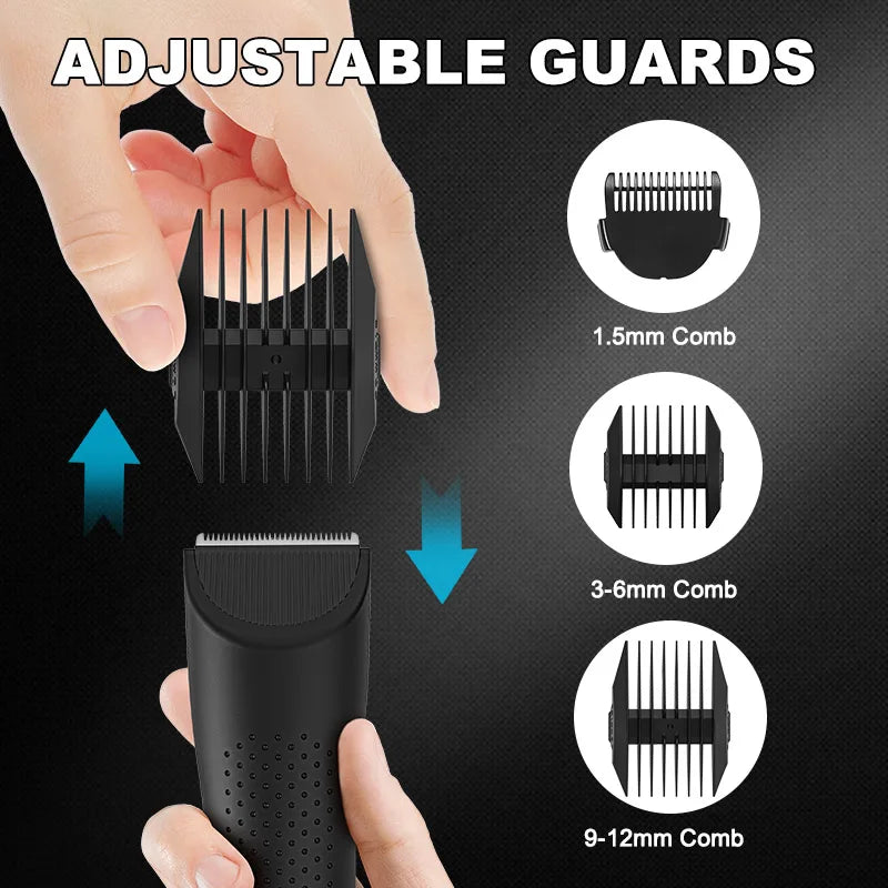 Hand adjusting adjustable guards for a precision electric body and hair trimmer showing 1.5mm, 3-6mm, and 9-12mm combs.