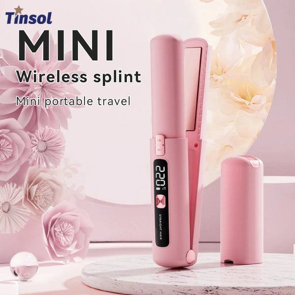 Pink mini wireless splint hair straightener and curler with a separate cylindrical case