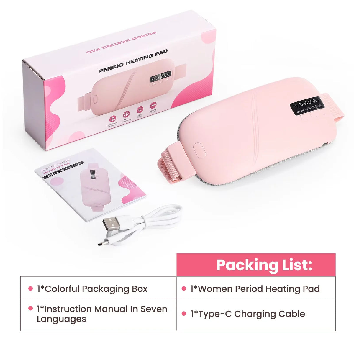 Pinke Heizecke und Zubehör, inklusive Box, Anleitung und Type-C-Ladekabel.