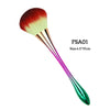 A long, tapered makeup brush with a red and green gradient ferrule and a fluffy brush head.