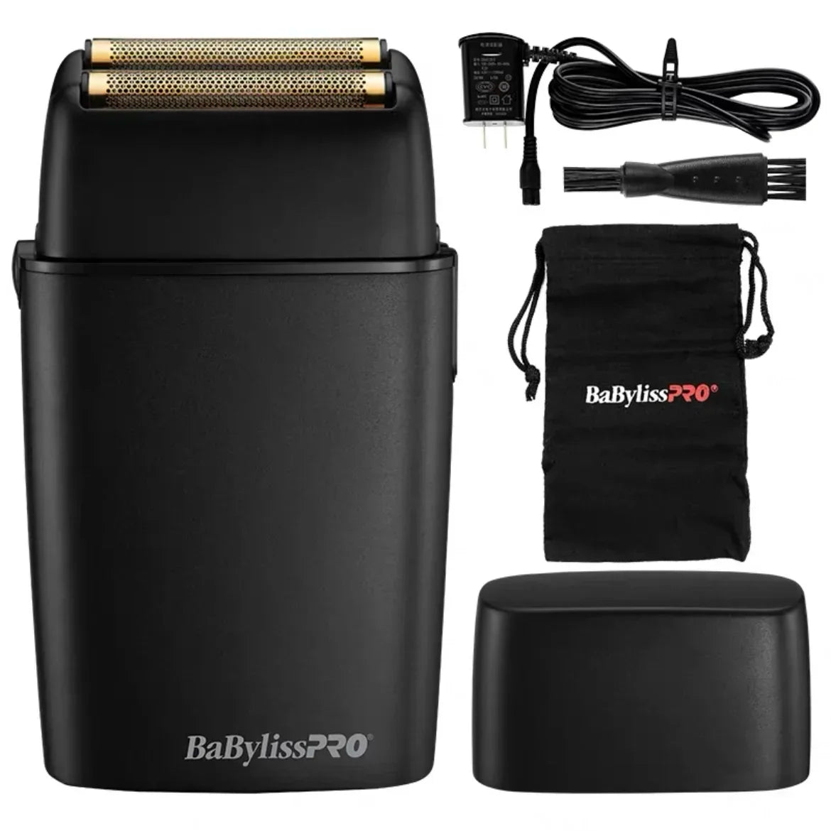Schwarzer BaByliss Pro kabelloser Haarschneider mit Ladekabel und Aufbewahrungstasche.