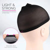 A black nylon wig cap is shown on a mannequin head, highlighting the wide elastic band used to prevent slippage.