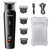 A black professional electric hair and beard trimmer with various attachments shown.