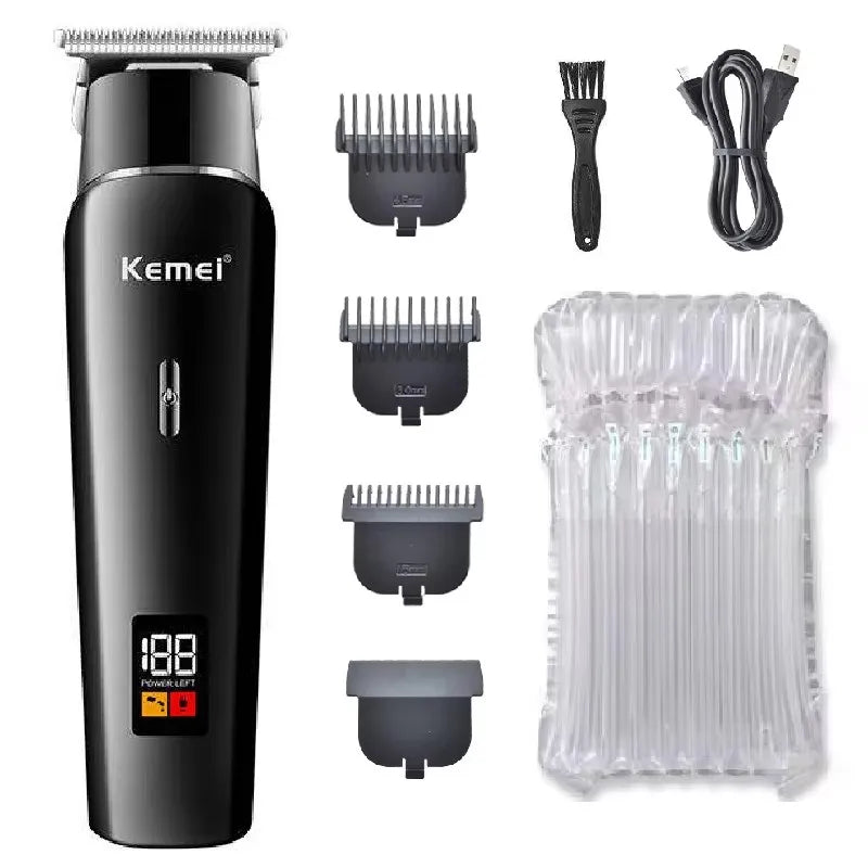 A black professional electric hair and beard trimmer with various attachments shown.