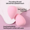 A pink makeup sponge is shown on a white surface with text describing its soft touch and hydrophilicity.
