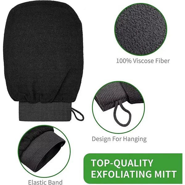 Guante exfoliante negro con banda elástica, diseñado para colgar.