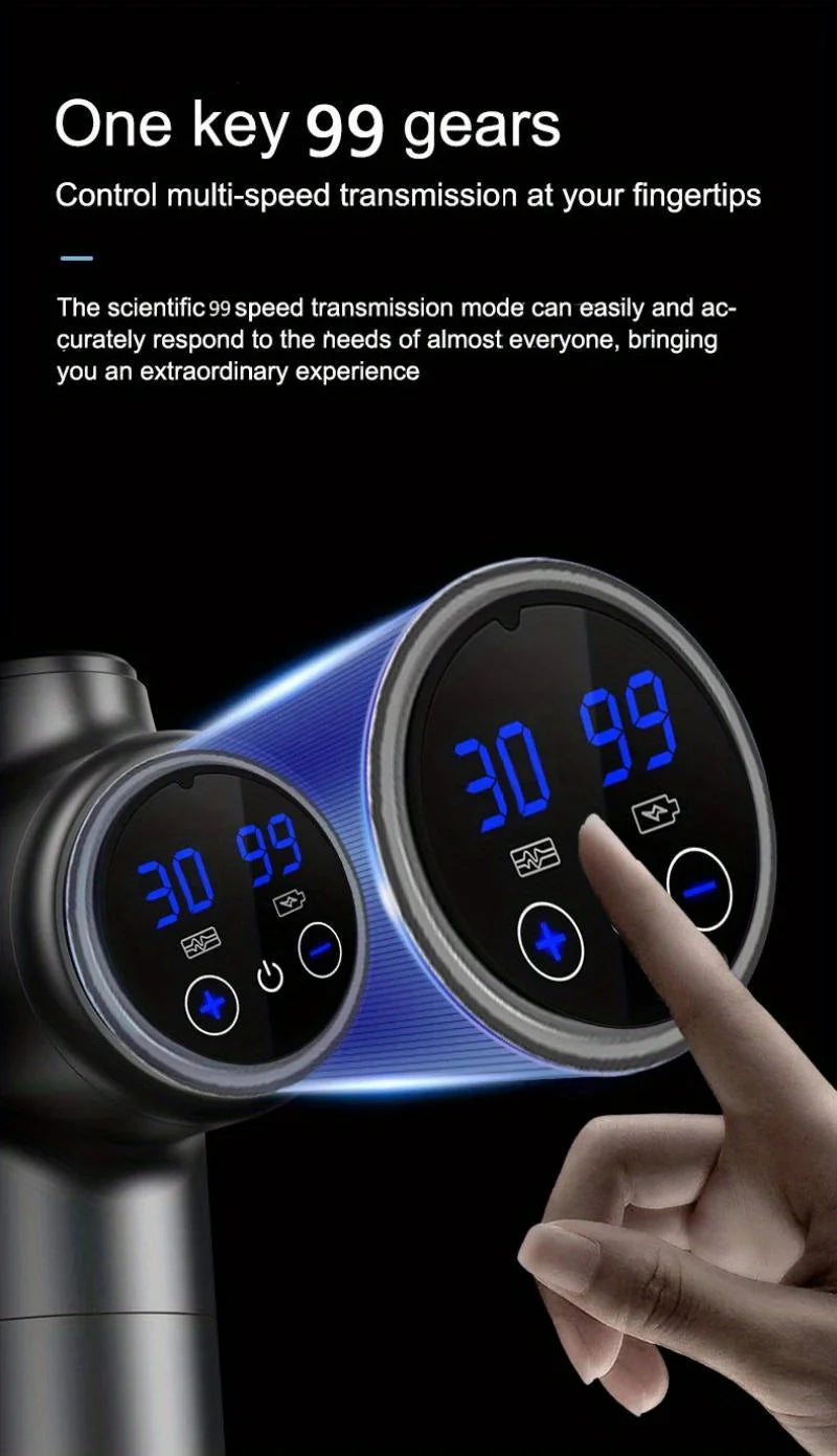 A hand is operating a deep tissue massage gun with a multi-speed transmission control interface.
