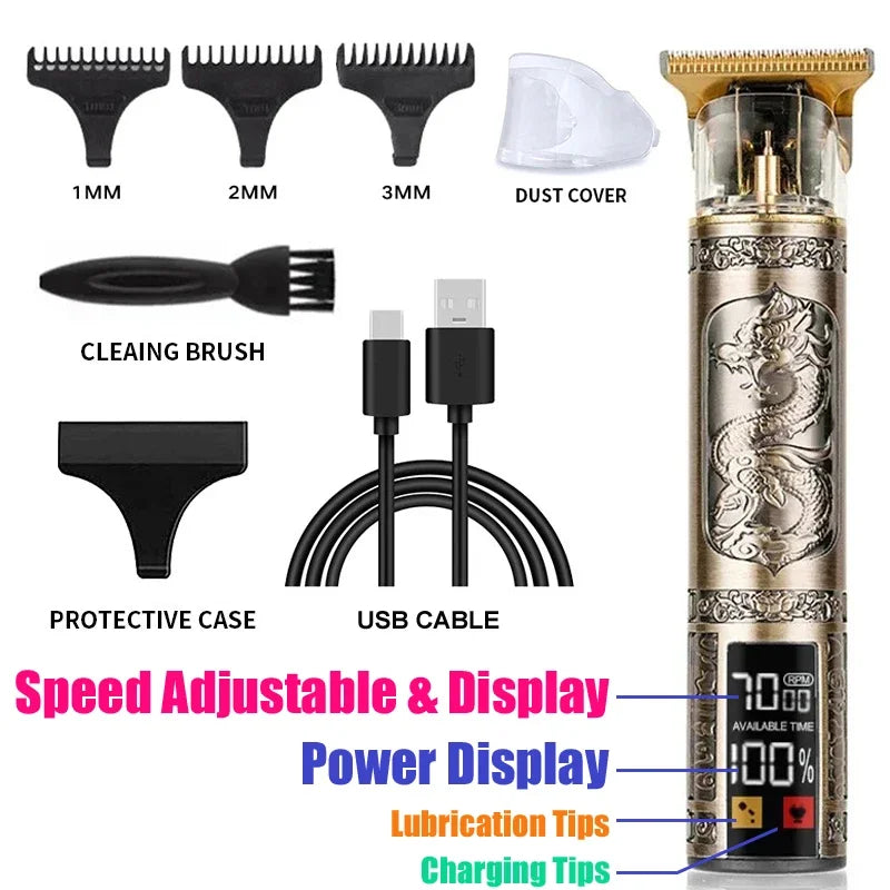 A set of professional cordless hair trimmer accessories including various size combs, a cleaning brush, protective case, USB 