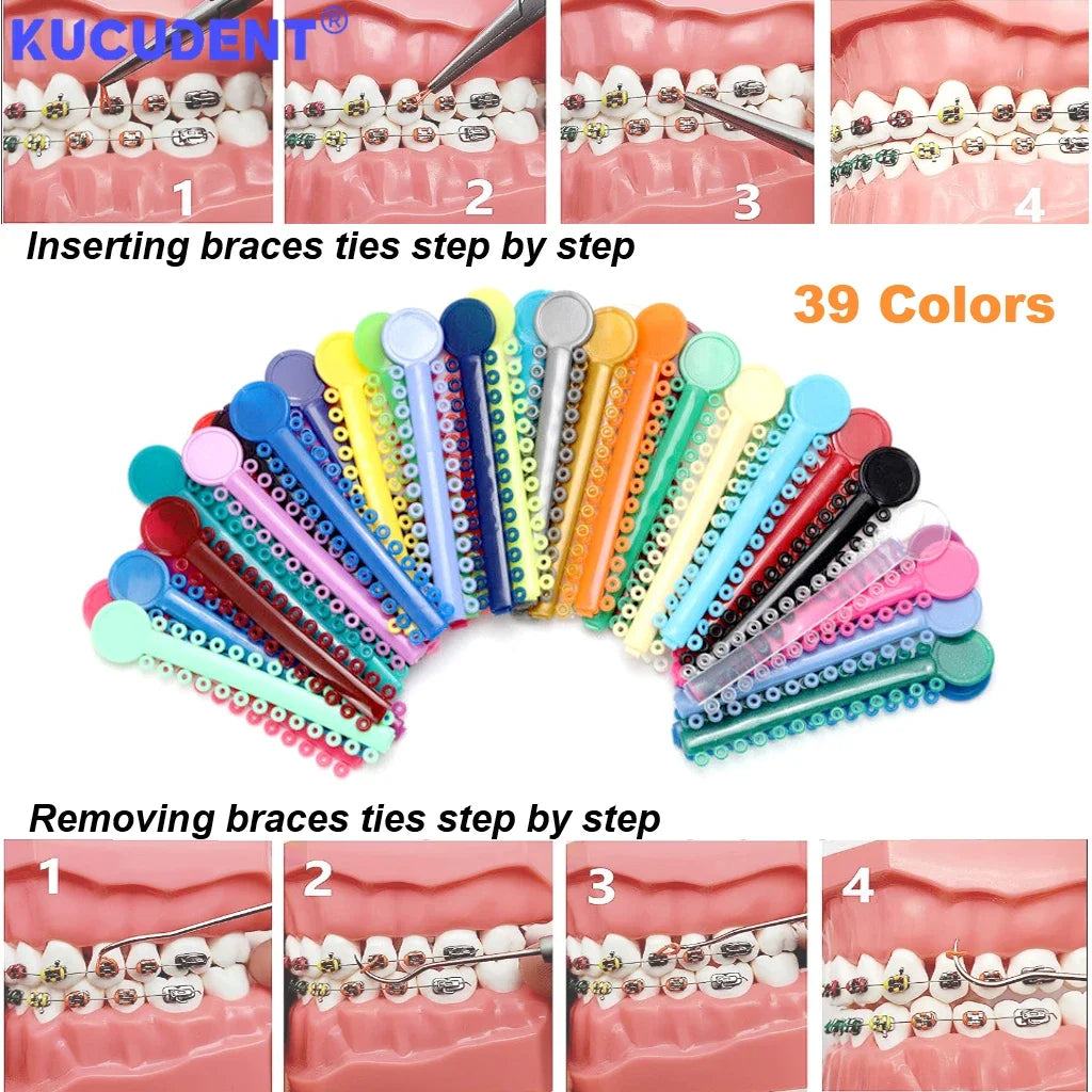 A collection of 39 colorful orthodontic elastic ligature ties for inserting and removing braces step by step