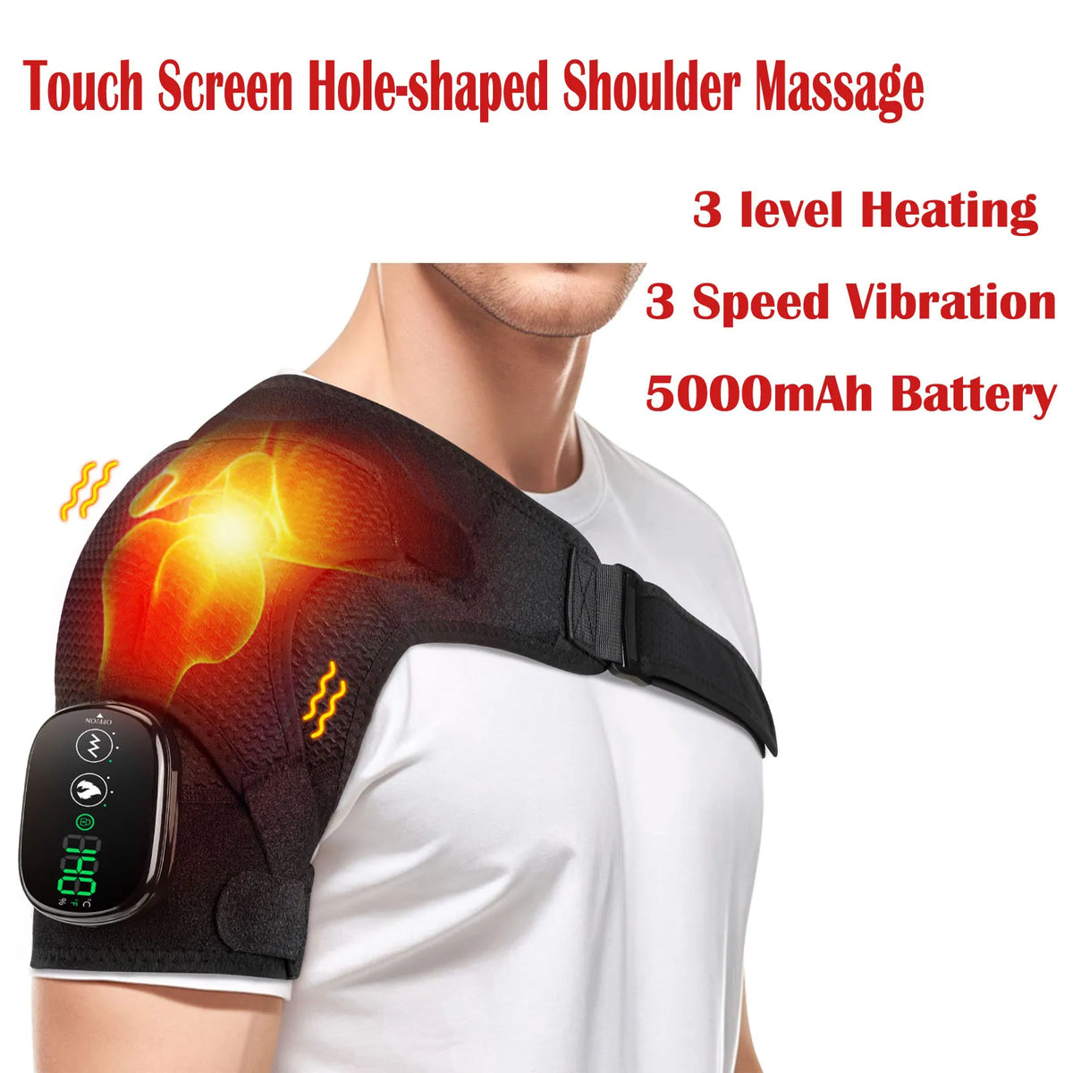 A black electric shoulder massager with a touch screen, showing heating and vibration features on a person's shoulder.