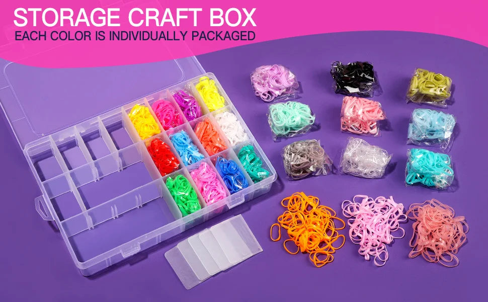 Boîte de rangement avec élastiques pour cheveux colorés emballés individuellement et un plateau de rangement blanc