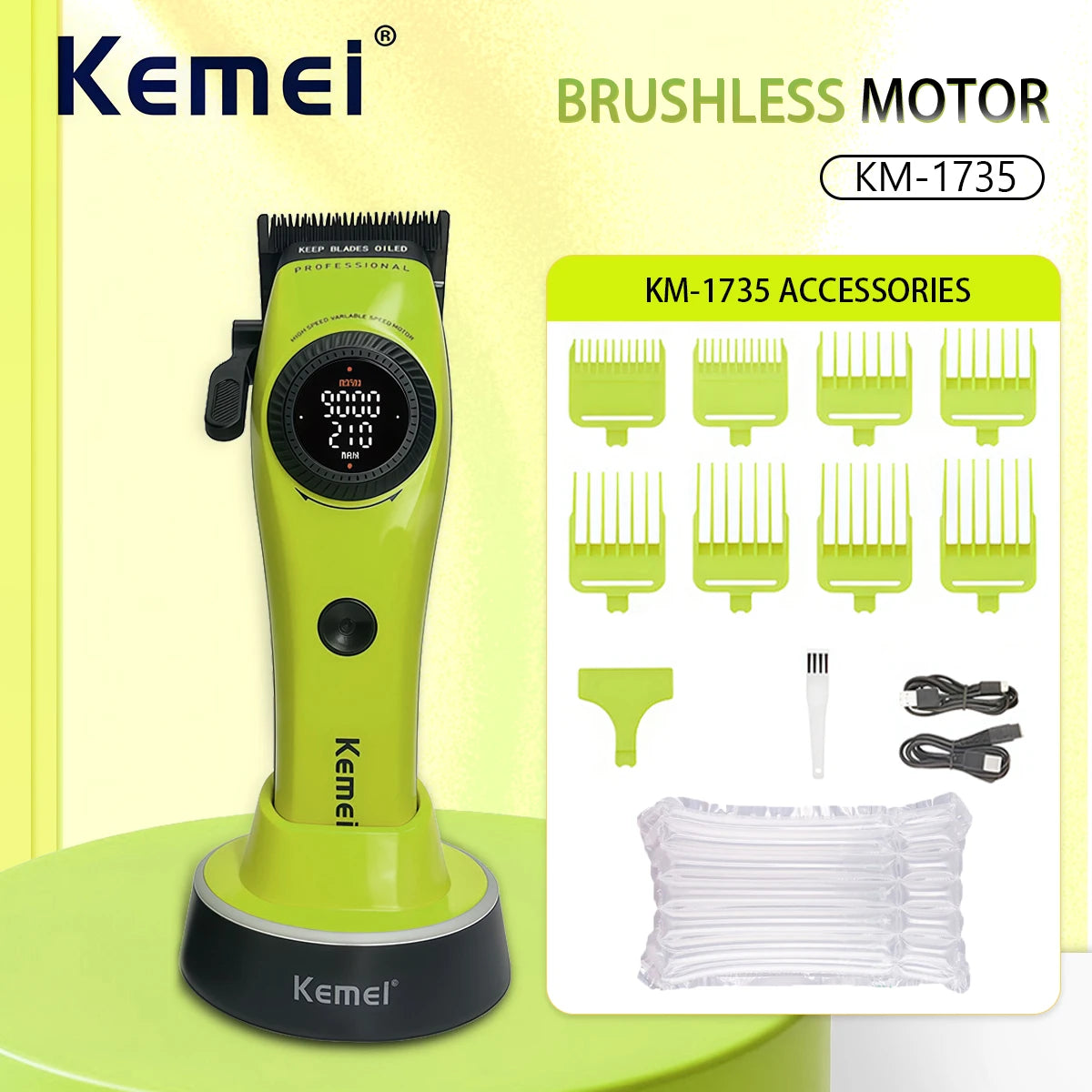 A lime green Kemei brushless motor hair clipper with accessories displayed on a light green surface.