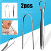 A set of stainless steel tongue scrapers shown in various sizes and angles for oral hygiene.