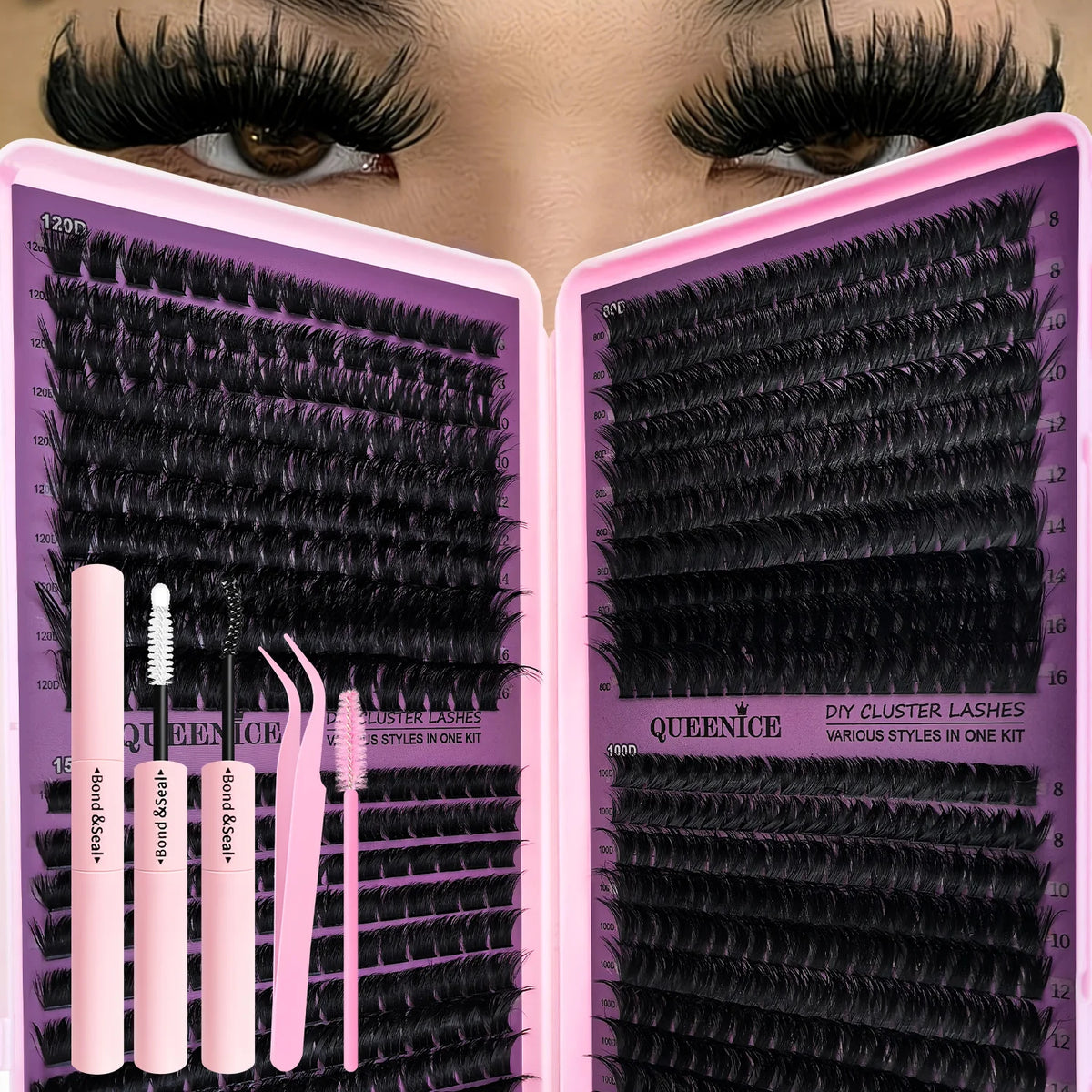 A close-up of a DIY reusable eyelash clusters kit showing various styles and lash lengths in pink and black.