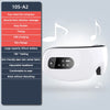 A white smart eye massager device shown next to a feature list detailing its functions.