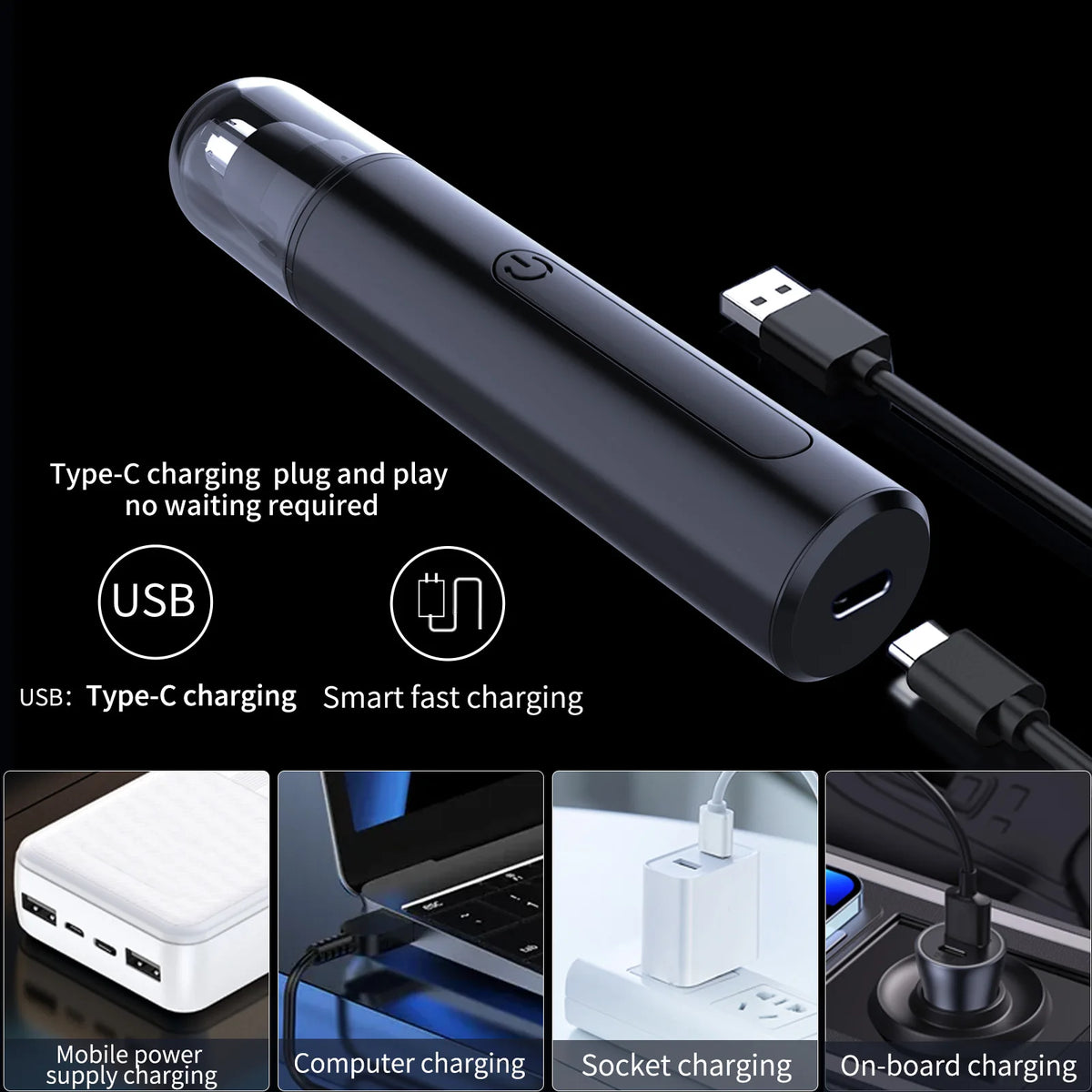 A black USB rechargeable electric nose hair trimmer shown with various charging methods including plug and play, computer, so