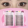 A close-up of a pair of eyes showing false eyelashes applied to the upper eyelid, with product packaging visible below.