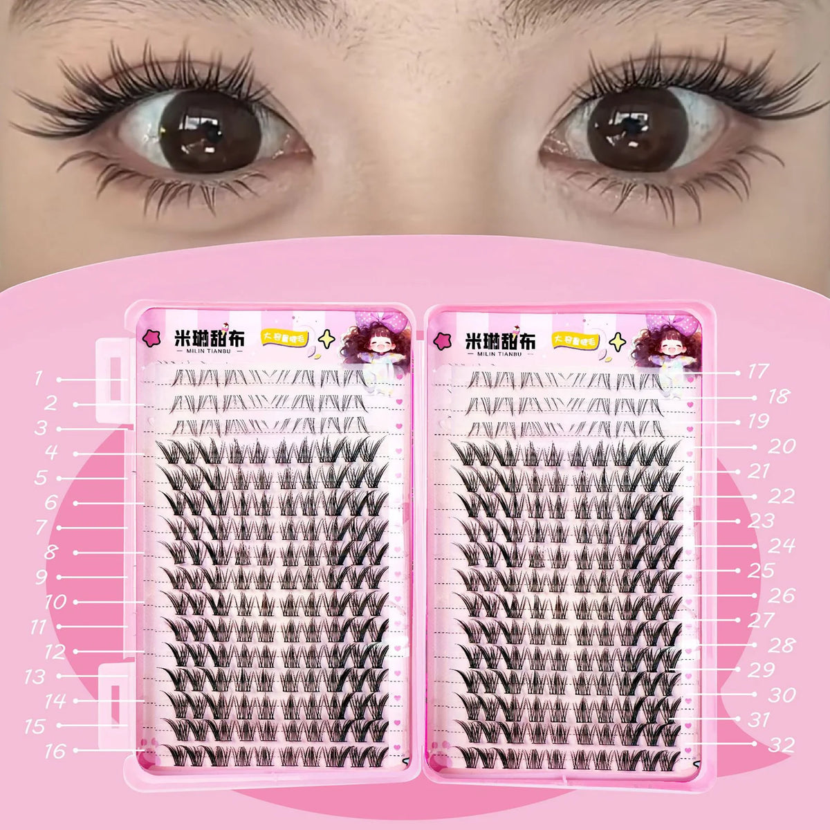 A close-up of a pair of eyes showing false eyelashes applied to the upper eyelid, with product packaging visible below.