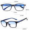 A pair of blue anti-fatigue computer reading glasses shown from the front and side views.