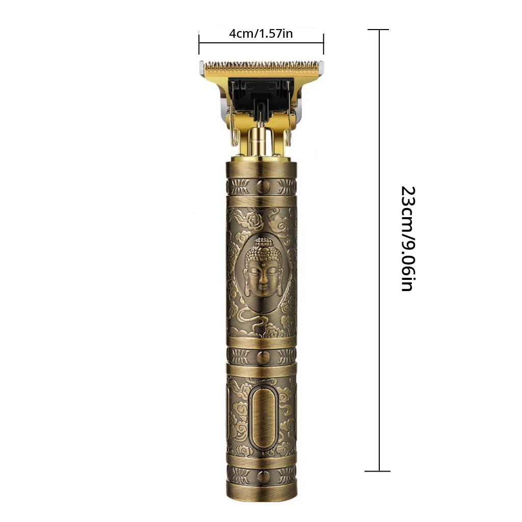 A professional cordless electric hair clipper with a gold-toned body and blade assembly.