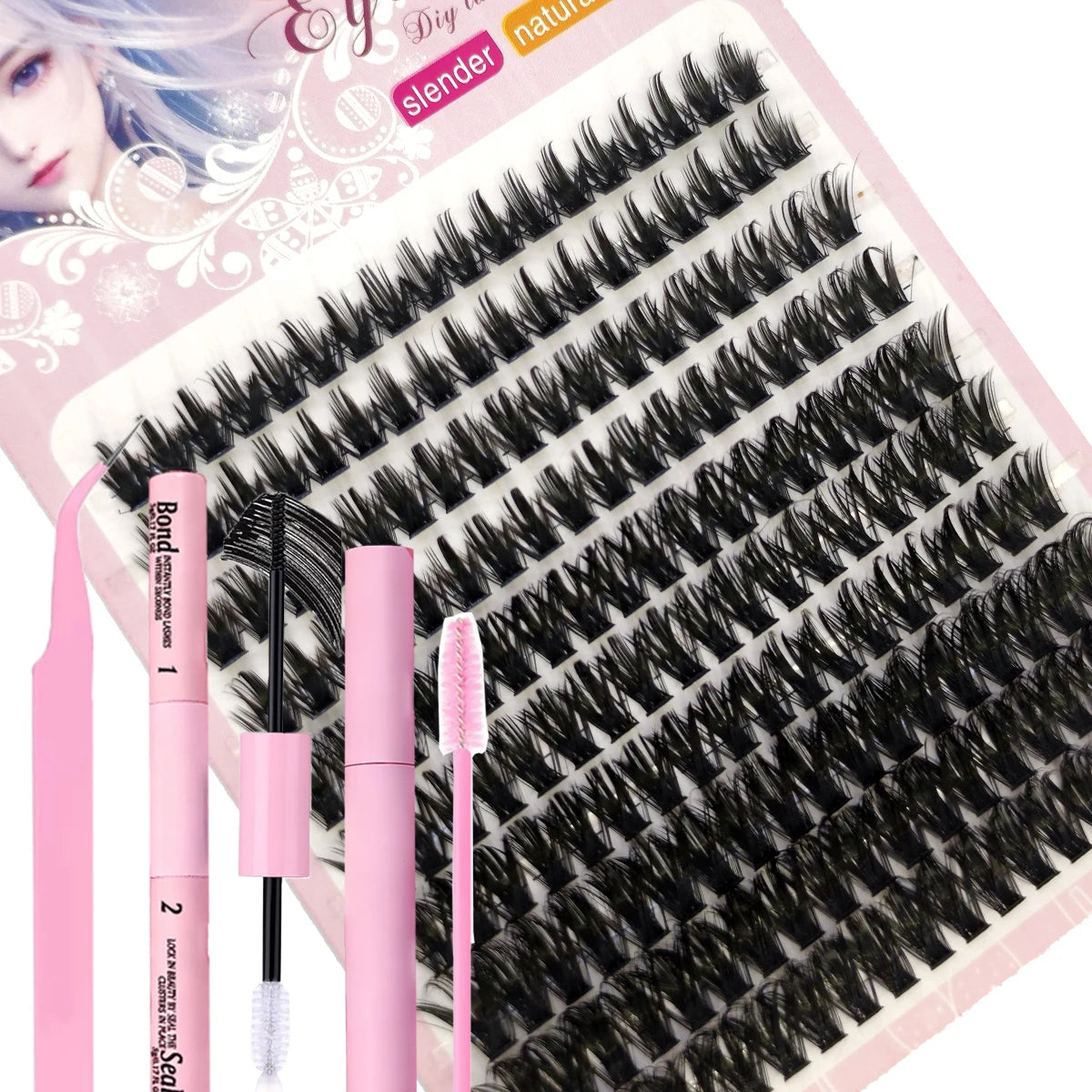 A close-up of a pink DIY lash extension kit showing various lash types and tools for salon use.