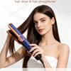 A woman is using a 2 in 1 air straightener hair dryer and straightener tool on her hair.