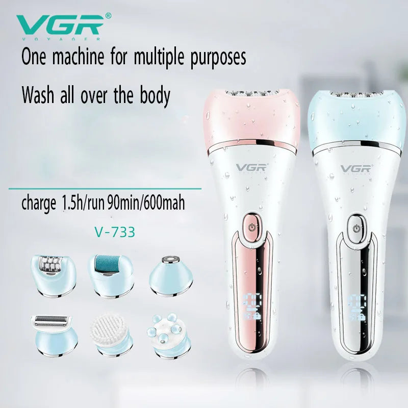 VGR multi-purpose electric body and facial epilator device shown with various attachments.