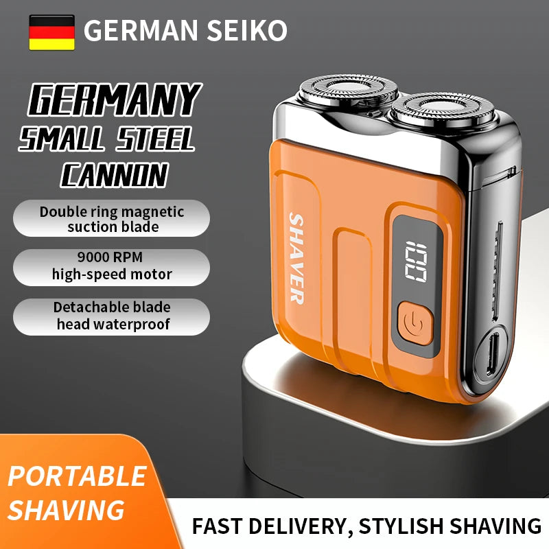 An orange and silver German Seiko portable shaving device with a detachable blade head.