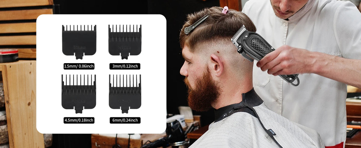 A man is using a professional cordless electric hair trimmer kit with various guard attachments on his haircut.