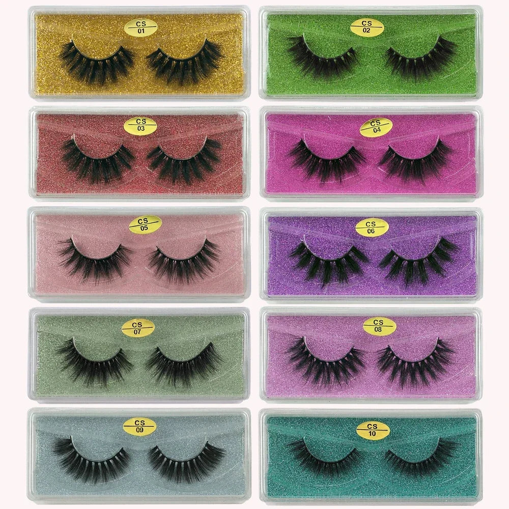 A grid display of ten pairs of premium mink false eyelashes in various shades and styles.