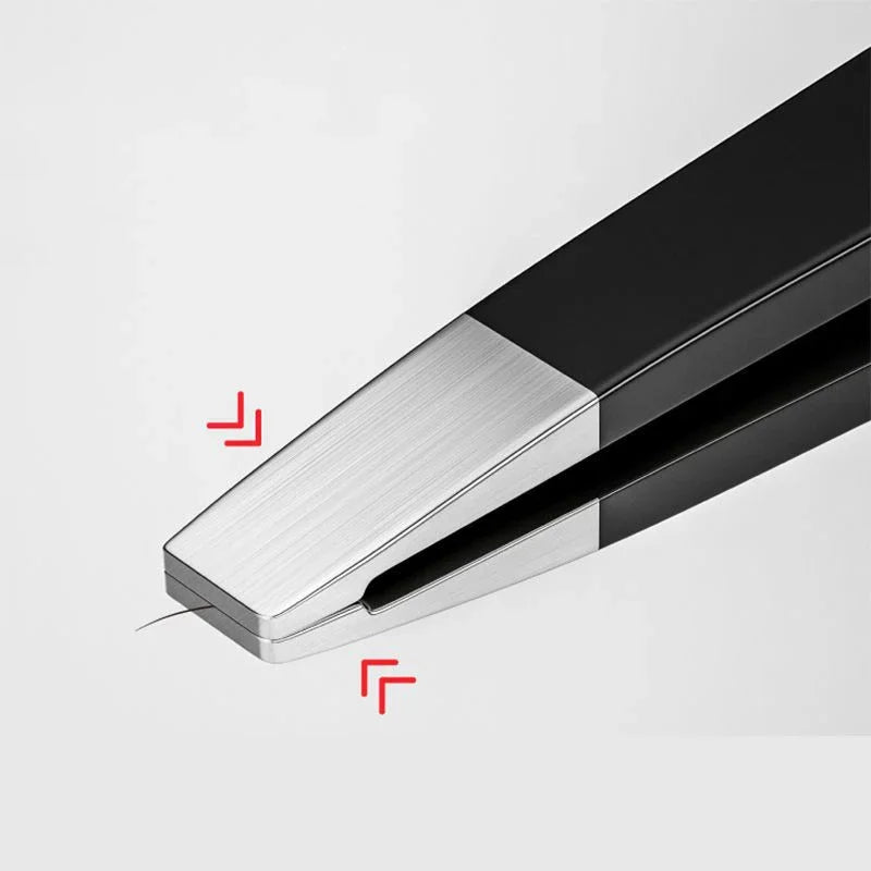 A close-up view of precision stainless steel eyebrow tweezers with a black handle and silver tip.
