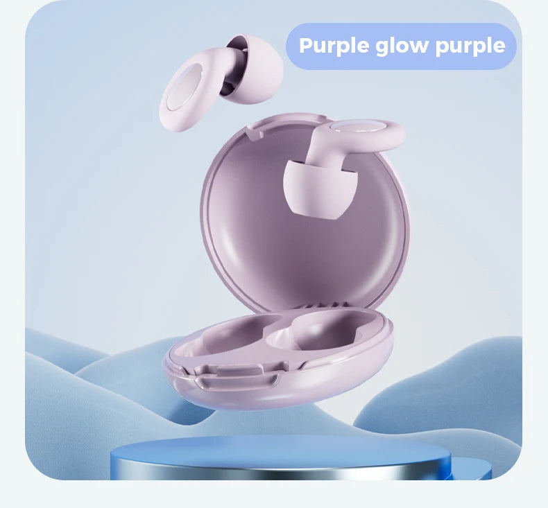 A pair of purple silicone ear plugs are shown open on a light blue background.