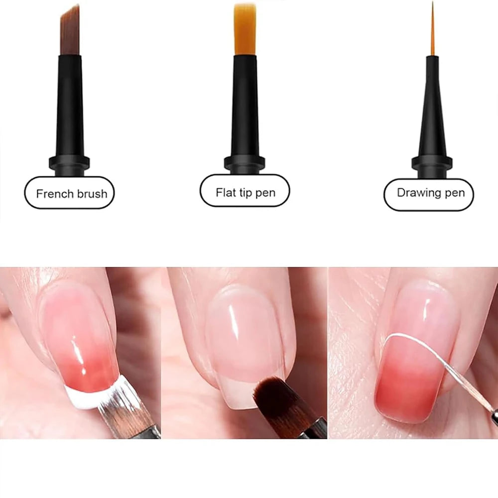 Un set de tres brochas intercambiables para arte en uñas, incluyendo pincel francés, punta plana y pluma de dibujo.