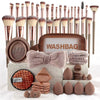 A collection of makeup brushes and tools displayed in a brown washbag with various brush heads and applicators.