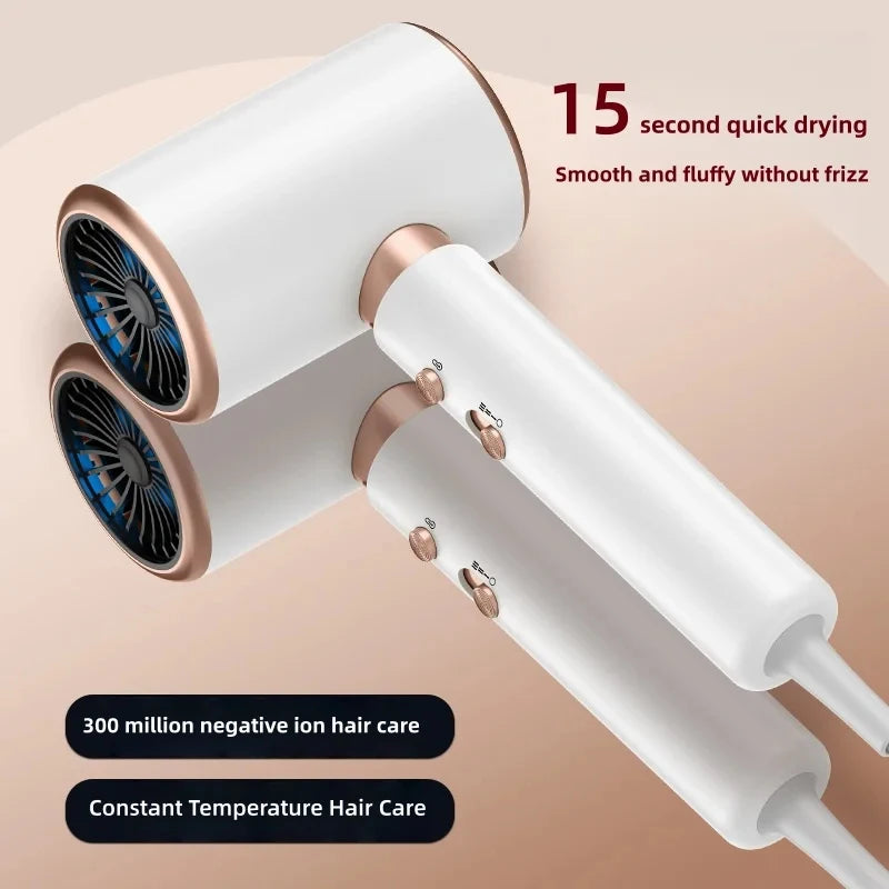 A white professional hair dryer with a rose gold accent, showing multiple nozzles and features for smooth drying.