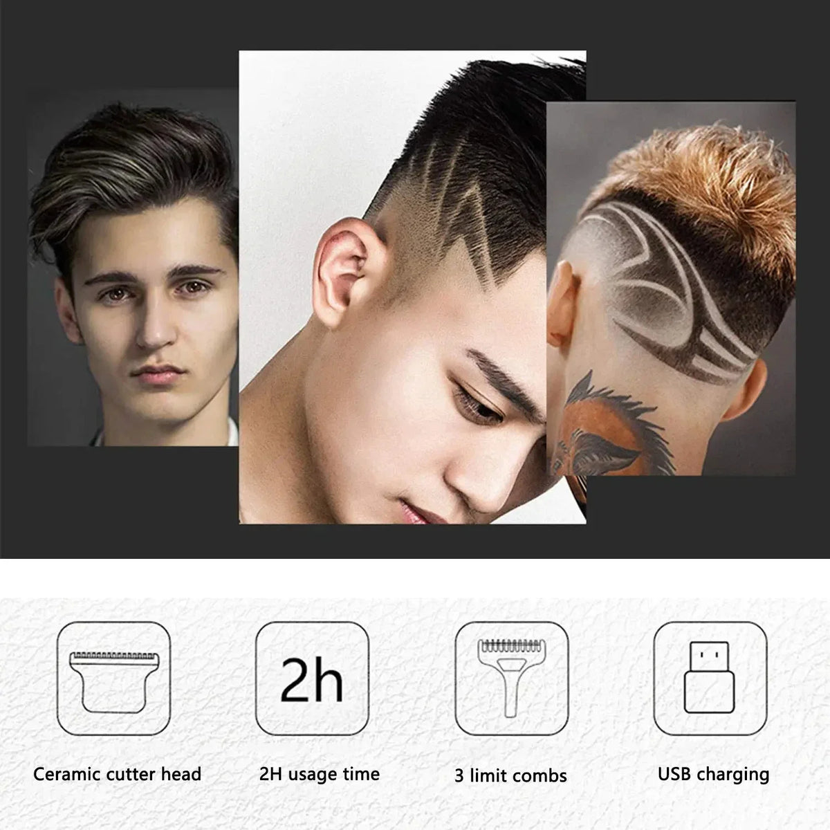 Nahaufnahme eines Mannes, der eine professionelle kabellose Haarschere mit verschiedenen Rastern und USB-Ladeoptionen erhält