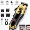 A gold and black vintage cordless hair cutting machine with a beard grooming attachment.